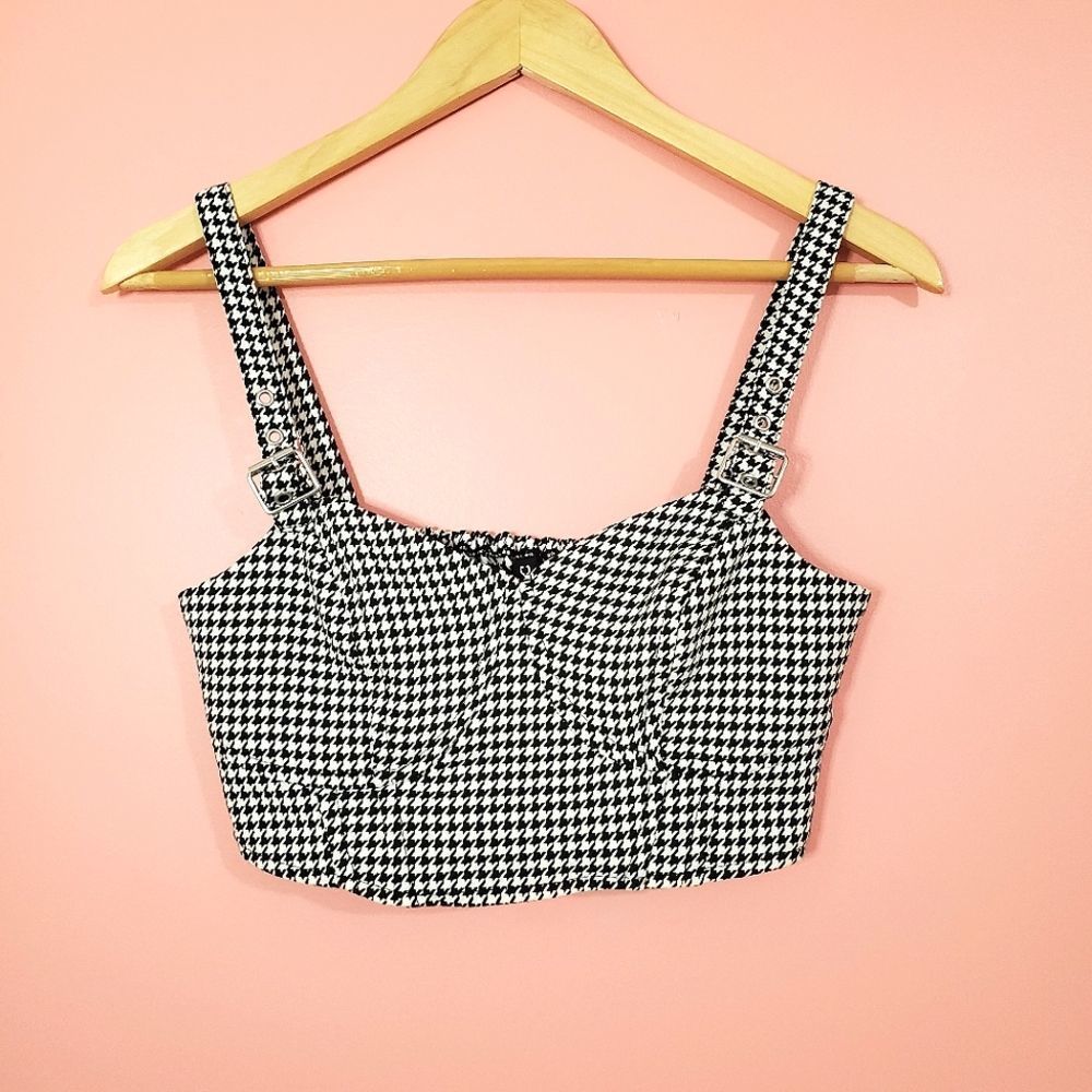 90's Houndstooth Buckle Strap Bustier Stle Crop Top Tank